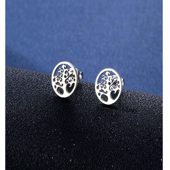 3 Pc Tree of Life Oval Pendant Necklace Stud Earrings Set Stainless Fshion Jwlry - Picture 3 of 5